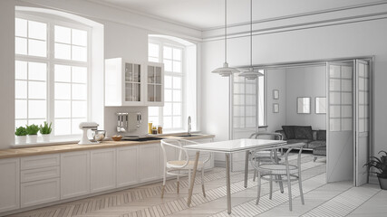 Fototapeta na wymiar Unfinished project of minimalist white kitchen, sketch abstract interior design