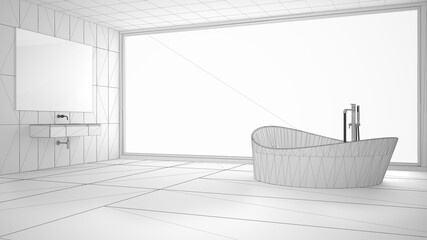 Unfinished project of minimalist bathroom with big panoramic window, sketch abstract interior design