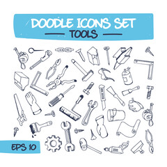 Obraz premium Doodle Icons Set of Hand Tools. Sketch Sign Illustration of Hand Drawn Tools. Hand Tools Drawn in Doodle Style.