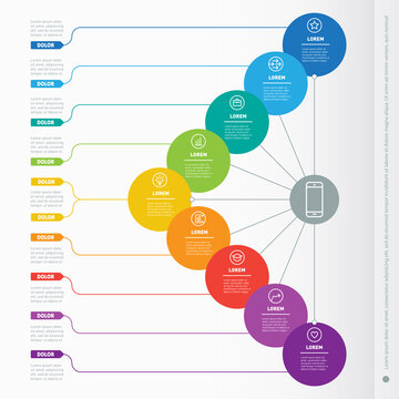 Vector dynamic infographics of technology or education process. Business presentation with 9 options. Web Template of a info chart, mind map or diagram. Part of the report with simple elements.