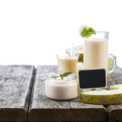 Obraz na płótnie Canvas Yogurt and smoothie with melon on a wooden table.