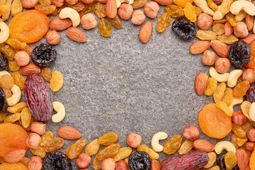 Mix of dried fruits and nuts with trxt space