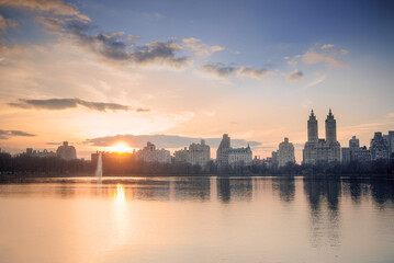 Fototapeta na wymiar West side Manhattan's skyline as seen from Central Park's Onassis Reservoir