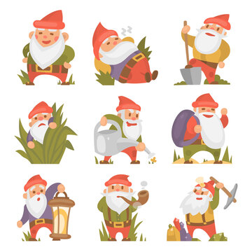 Fairy tale fantastic gnome dwarf elf character poses magical leprechaun cute fairy tale man vector illustration