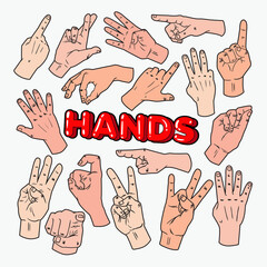 Fototapeta premium Pop Art Male Hands Gesturing Different Signs. Vector illustration