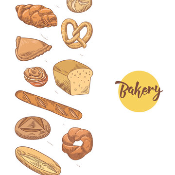 Bakery Hand Drawn Background with Different Fresh Bread and Loaf. Vector illustration