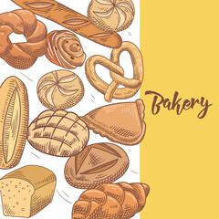 Fresh Bread. Hand Drawn Bakery Design with Loaf and Buns. Vector illustration