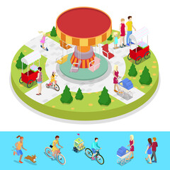 Isometric City Park Composition with Children and Amusement Carousel. Outdoor Activity. Vector flat 3d illustration