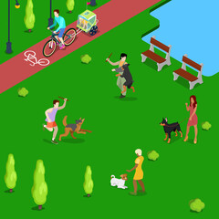 Isometric People Training Dogs in the Park. Vector flat 3d illustration