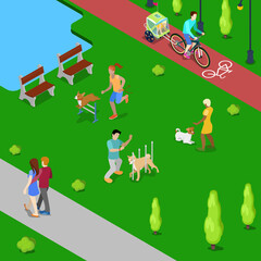 Isometric People Training Dogs in the City Park. Vector flat 3d illustration
