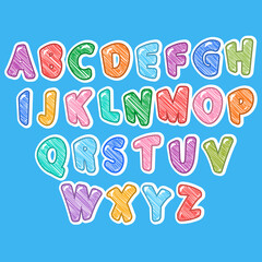 Vector cartoon alphabet white background. Upper letters with dotted line.