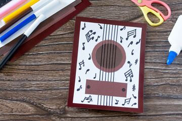 Greeting Card guitar music. Children's art project, craft for children. Craft for children.