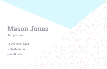 Fashion business card template in the style of Memphis. Perfect combination of organic pattern and geometric shapes. A pattern of pastel blue triangle and pink dashes. Funky design.