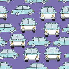 Children's seamless pattern with cars on a purple background. Vector pattern for the design of children's clothing