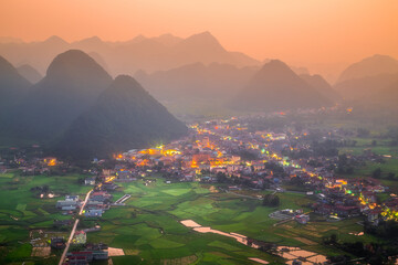 rice field in valley around with mountain in Bac Son, Vietnam.
