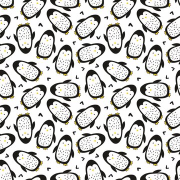Penguins. Cute seamless pattern with penguins on a white background. Vector decorative background for design