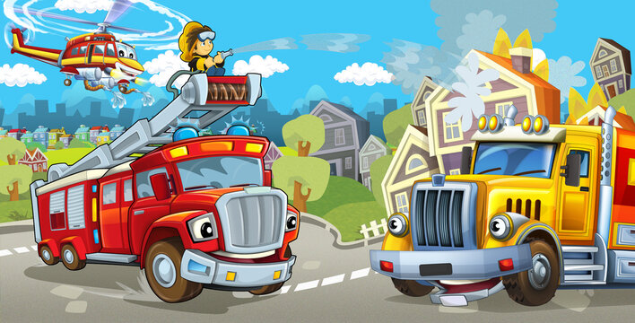 Cartoon stage with fire fighter and his vehicle in front of happy cargo truck colorful and cheerful scene