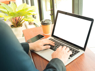 Businessman working laptop blank screen