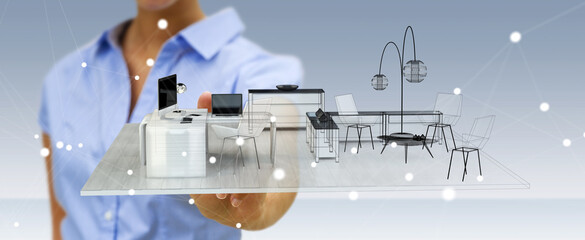 Businesswoman touching white 3D rendering apartment