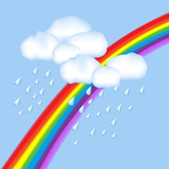 Cloud with raindrops and a rainbow on a blue background