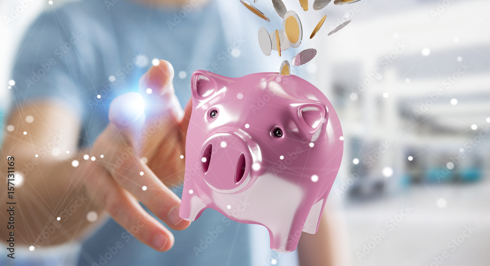 Poster businessman holding piggy bank with flying coins going inside 3d rendering
