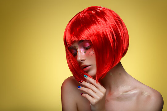 Beautiful girl in red wig