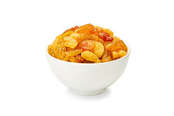 Bowl of raisins on white