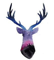 Deer watercolor night sky illustration