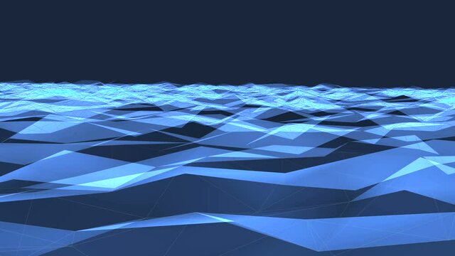 Flying over blue polygon landscape. Science concept. Motion graphics background.