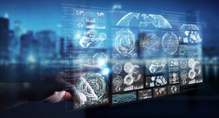Businessman using digital screens with holograms datas 3D rendering