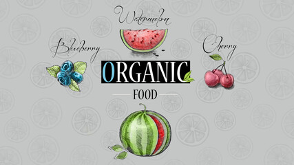 Organic food. Fresh fruits. Pencil drawing.