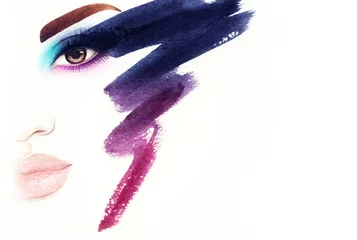 Wall murals Aquarel Face Make up. Woman face and place for text. Fashion illustration. Watercolor painting