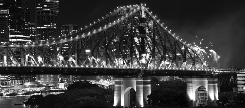Fototapeta The iconic Story Bridge in Brisbane, Queensland, Australia. Black and White.