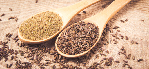 Ground cumin in a spoon and whole cumin