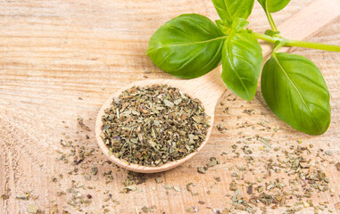 Raw green basil and dried, on the wooden table.