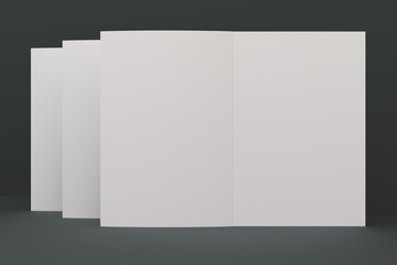 Three blank white open brochure mock-up on black background