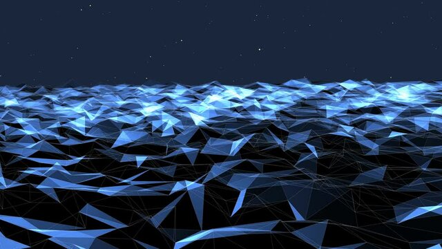 Flying over blue polygon landscape. Science concept. Motion graphics background.