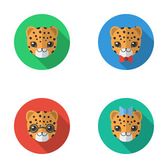 A set of four icons with leopard muzzles isolated on white background. Boys and girls character for design your app or game