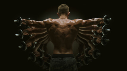 Multiexpose shot Dumbbell Lateral Raise workout Bodybuilder turning back raising hands pumping up shoulders muscle exercise Power Partials routine with dumbbells on gym Fitness Sport Lifestyle concept