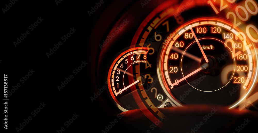 Wall mural double exposure Car dashboard speedometer, speed concept, no limit concept with space for text