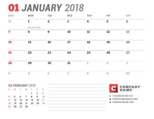 Calendar Template for 2018 Year. January. Business Planner Template. Stationery Design. Week starts on Sunday. 2 Months on the Page. Vector Illustration
