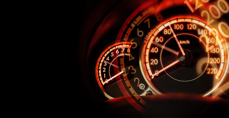 double exposure Car dashboard speedometer, speed concept, no limit concept with space for text