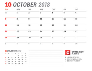 Calendar Template for 2018 Year. October. Business Planner Template. Stationery Design. Week starts on Sunday. 2 Months on the Page. Vector Illustration