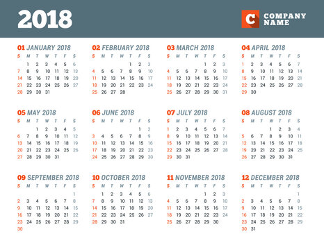 Calendar Template for 2018 Year. Stationery Design. Week starts on Sunday. 12 Months on the Page. Vector Illustration