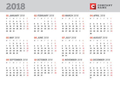 Calendar Template for 2018 Year. Stationery Design. Week starts on Monday. 12 Months on the Page. Vector Illustration