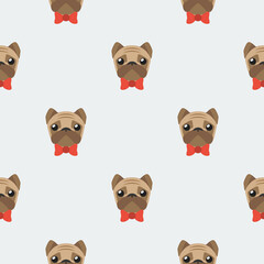 Pattern of puppy pug isolated on white background. Backdrop for your web page, wrap, cover or wallpaper
