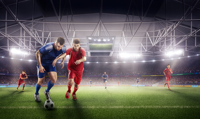 Soccer action on 3d sport arena. mature players fight for the ball.
