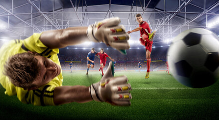 Soccer action on 3d sport arena. mature players fight for the ball.