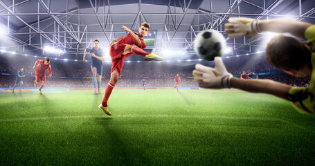 Soccer action on 3d sport arena. mature players fight for the ball.