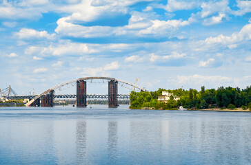 The construction of the bridge across the Dnieper. Kiev, Ukraine.